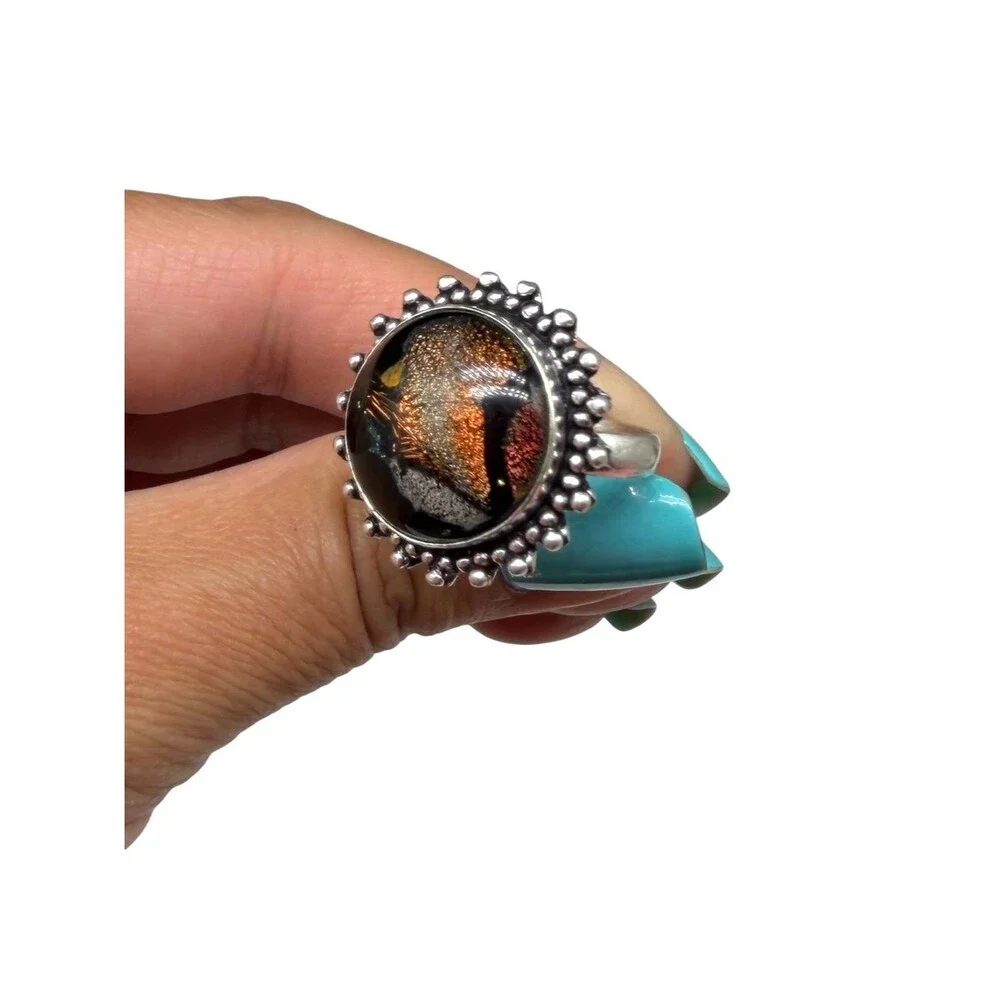 Dichroic Glass Ring Size 9 925 Sterling Silver Overlay